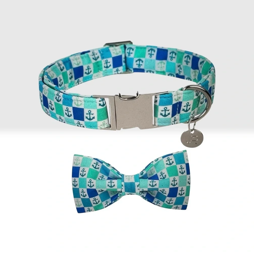 Urara Pup Dog Collar Bow Tie – Nautical Blue & White Anchor – Medium – NWT